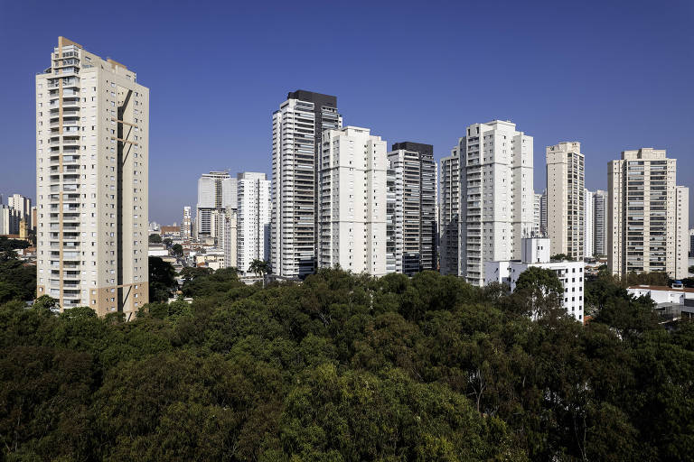 A imagem mostra uma vista de uma área urbana com vários edifícios altos. Os prédios são de diferentes tamanhos e estilos， com fachadas predominantemente em tons claros. Ao fundo， há uma área verde com árvores， contrastando com a arquitetura urbana. O céu está limpo e azul.