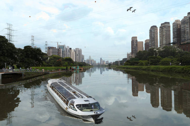 A imagem mostra um rio refletindo os edifícios altos ao fundo. Um barco de passageiros, navega pelo rio, enquanto algumas pessoas estão na margem. O barco é comprido, branco e tem longos tetos transparentes. O céu está parcialmente nublado e há algumas aves voando.