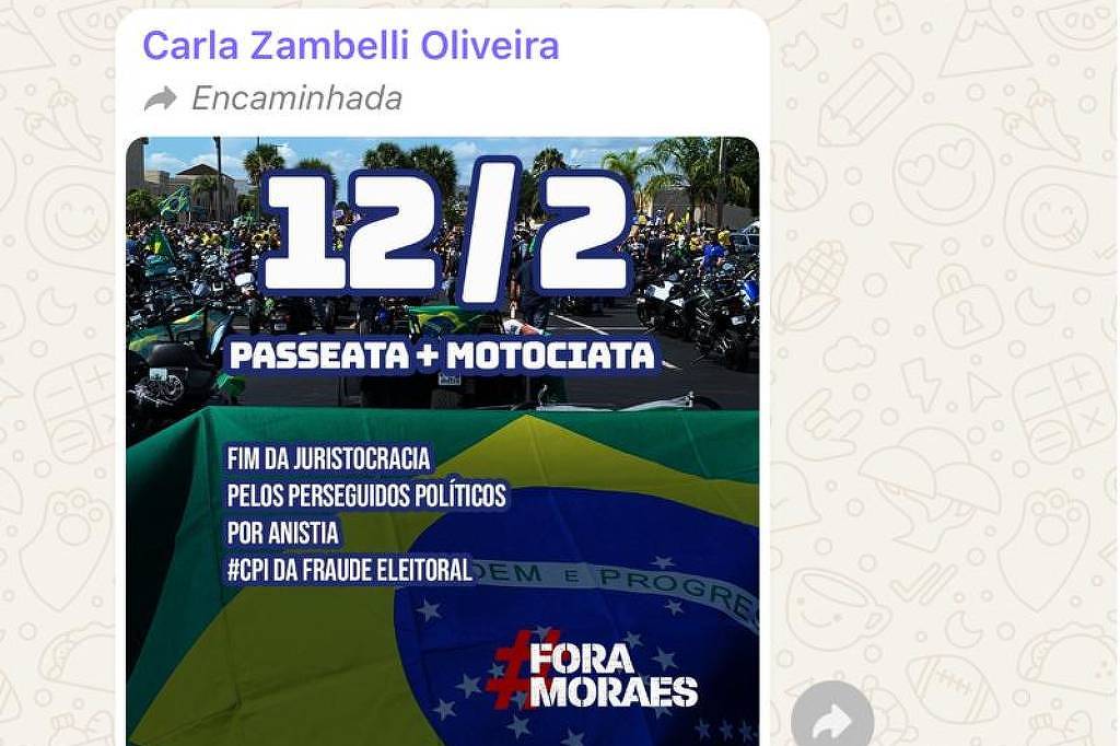 Ameaçada de cassação pelo TSE, Zambelli divulga motociata contra Moraes