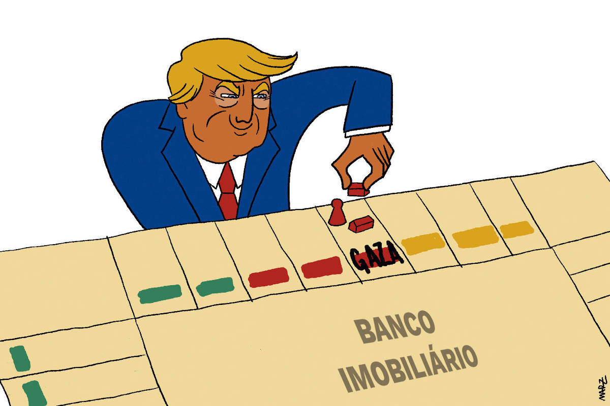 Charge de Marília Marz mostra o presidente dos EUA, Donald Trump, com uma expressão maliciosa, jogando Banco Imobiliário. O peão de seu jogo está na posição "Gaza", onde ele está colocando hotéis.