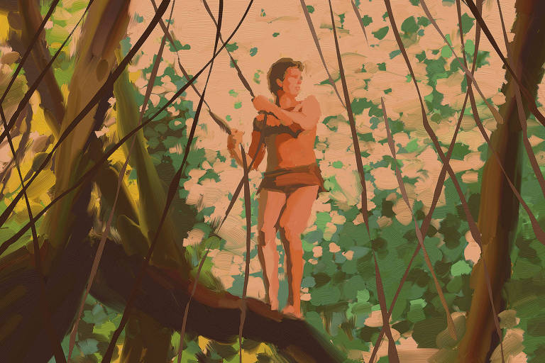 A ilustração de Adams Carvalho， publicada na Folha de São Paulo no dia 09 de Fevereiro de 2025， mostra o desenho do personagem Tarzan sobre um tronco de árvore segurando dois cipós.