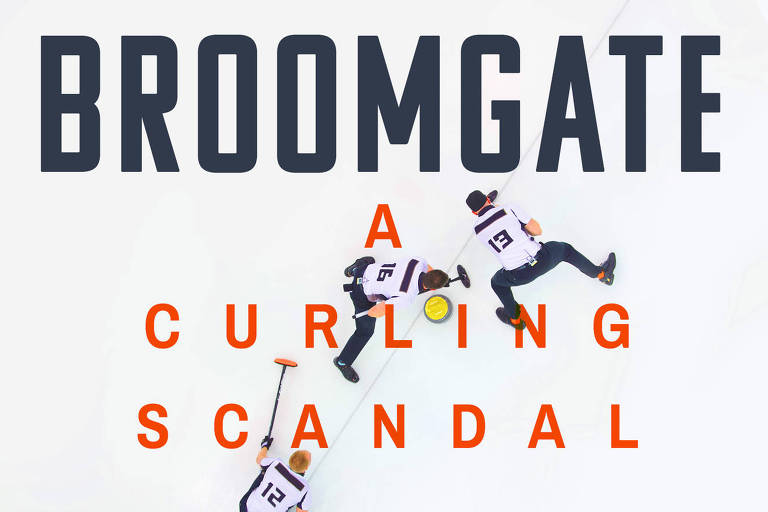 Três pessoas jogando curling são observadas de cima. O nome do podcast aparece sobre a imagem; Broomgate， a curling scandal