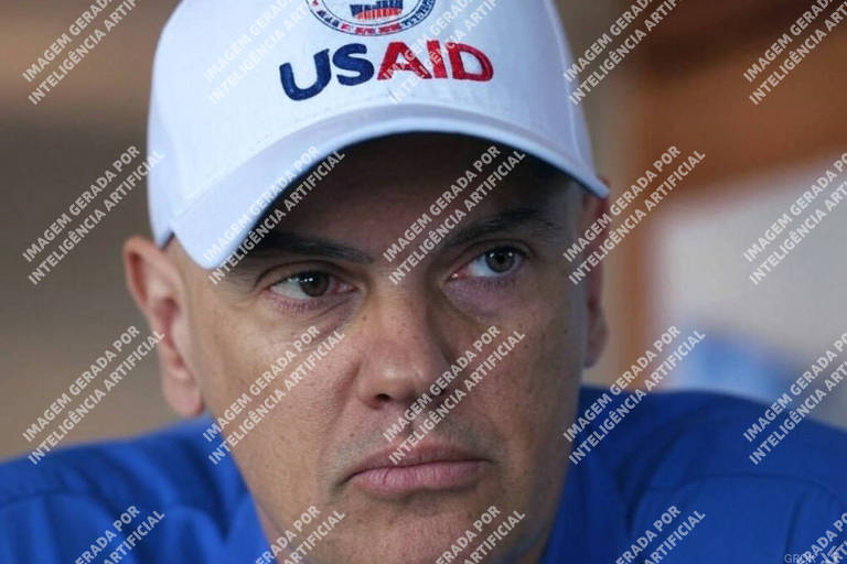 A imagem mostra um homem branco com um boné branco que tem o logotipo da USAID. Ele está usando uma camisa azul e tem uma expressão séria. O fundo é desfocado， mas parece ser um ambiente interno.