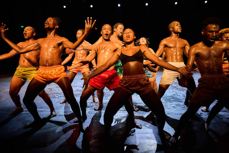 Um grupo de dançarinos se apresenta em um palco iluminado. Eles estão em uma formação dinâmica， com expressões faciais intensas e movimentos enérgicos. Os dançarinos usam roupas de banho coloridas e têm a pele brilhante， sugerindo que estão suados devido ao esforço. O fundo é escuro， destacando a performance.