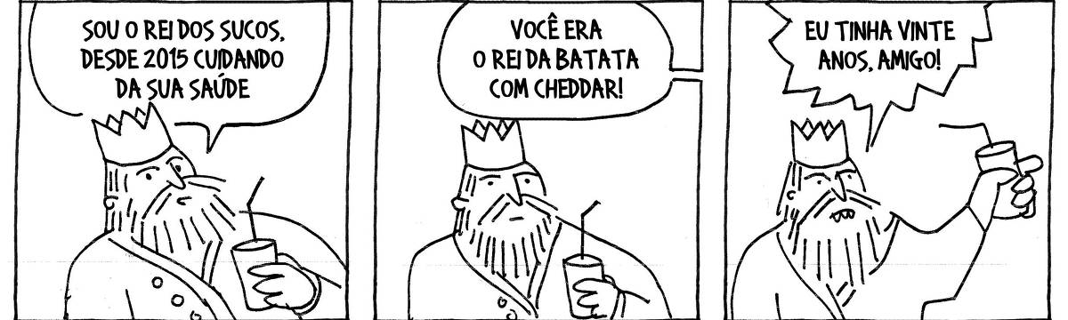 A tira de André Dahmer, publicada em 12.02.2024, tem três quadrinhos. No primeiro, um rei segura um copo de papel com um canudo. Ele diz: "Sou o rei dos sucos. Desde 2015 cuidando da sua família". No segundo quadrinho, alguém fora do quadro diz: "Você era o rei da batata com cheddar!". No último quadrinho, muito irritado, o rei grita: "Eu tinha vinte anos, amigo!".