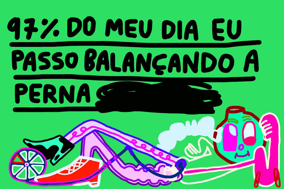 A imagem apresenta um fundo verde com texto em destaque que diz: '97% DO MEU DIA EU PASSO BALANÇANDO A PERNA'. A ilustração mostra uma figura estilizada de uma pessoa deitada, com uma perna levantada e balançando. A pessoa tem um rosto sorridente e está segurando um telefone. A perna é representada de forma colorida, com um sapato vermelho e um sapato preto, além de detalhes em roxo e azul.