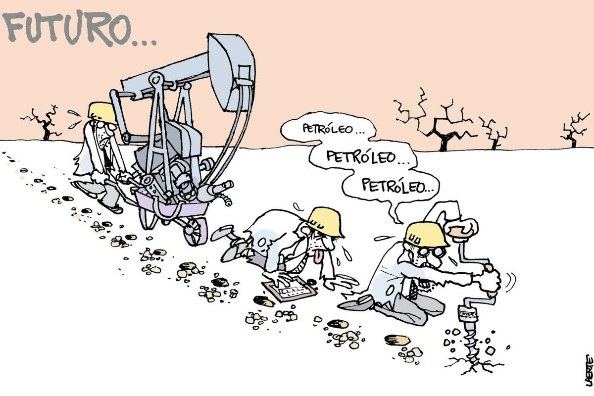 Charge de Laerte, com título: “FUTURO”. Num grande deserto, em cujo horizonte aparecem restos de árvores mortas pelo calor, Um grupo de homens avança, meio rastejando. Um deles carrega, num carrinho de mão, um “cavalo-de-pau” como os que se usa no bombeamento de petróleo no solo. O que vai na frente faz furos sucessivos no chão, com uma furadeira de manivela. Ele tem o olhar esgazeado e repete: “Petróleo…petróleo…petróleo…”