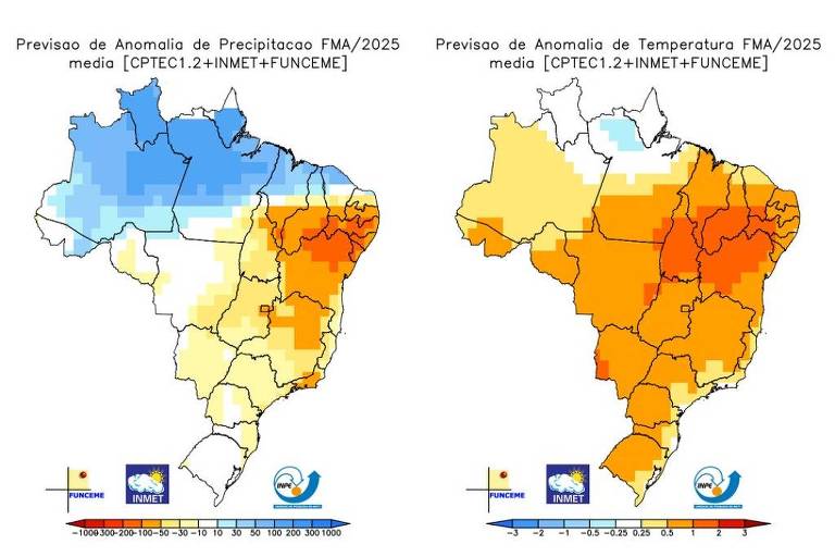 A imagem apresenta dois mapas do Brasil. O mapa à esquerda mostra a previsão de precipitação para o primeiro trimestre de 2025， mapa à direita mostra a previsão de calor， com uma predominância de tons de laranja， sugerindo temperaturas acima da média 