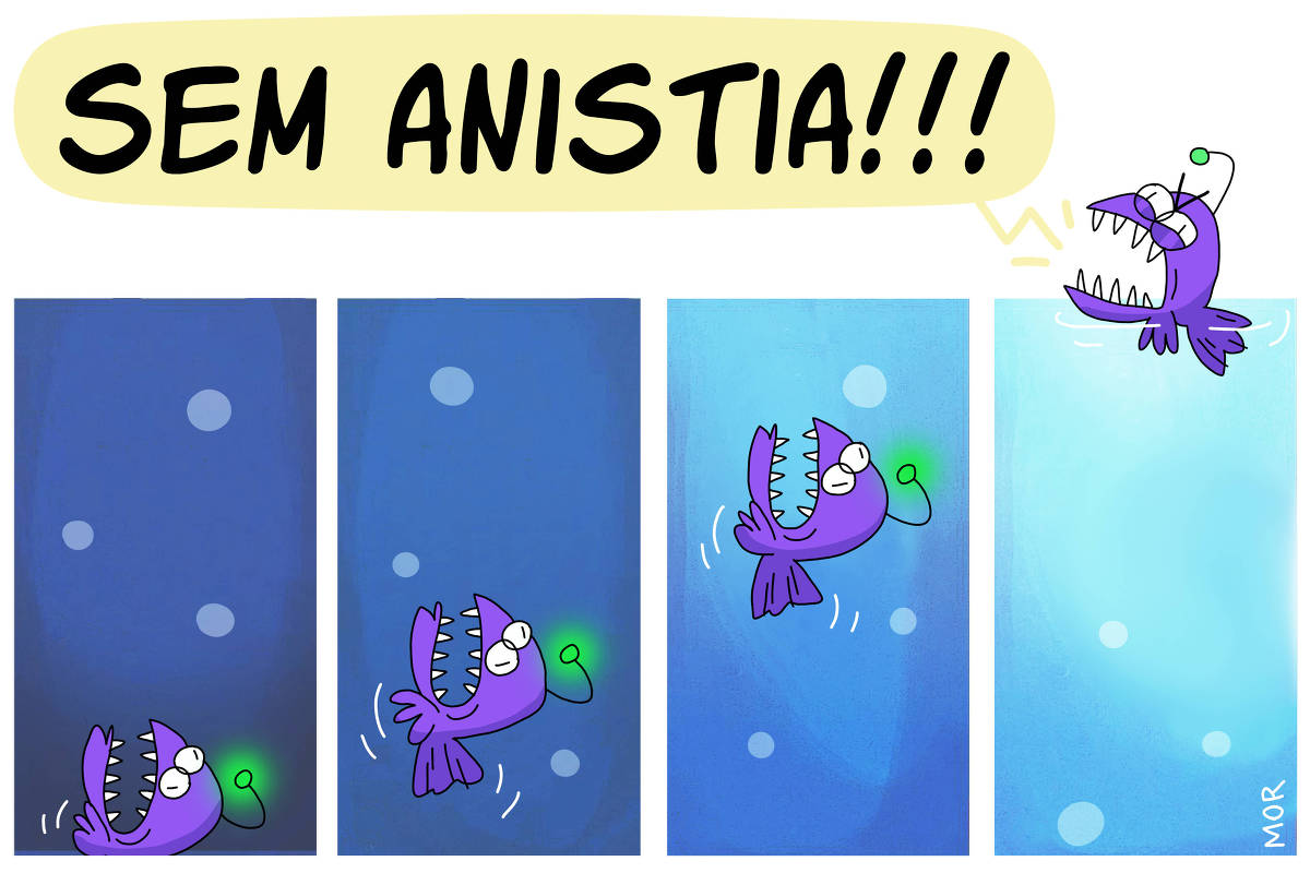 A imagem é uma tirinha em quadrinhos com quatro painéis. No primeiro painel, um peixe roxo com uma luz verde na cabeça está nadando em um fundo azul escuro. No segundo painel, o peixe continua nadando, agora em um fundo azul mais claro, ainda com a luz verde. No terceiro painel, o peixe aparece mais próximo da superfície, ainda com a luz verde. No quarto painel, o peixe está fora da água, com uma expressão de raiva, e a luz verde está piscando. Acima dos quadrinhos, há um texto que diz 'SEM ANISTIA!!!'.