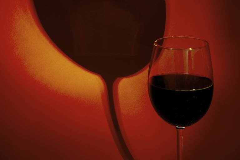 A imagem mostra uma taça de vinho com vinho tinto， iluminada por uma luz suave que cria um efeito de sombra na parede atrás dela. A sombra da taça projeta um contorno nítido que imita a forma real da taça， enquanto a luz destaca o brilho do vinho dentro dela， criando um visual bastante artístico e atmosférico. A cor predominante é um vermelho quente， que sugere um ambiente íntimo e acolhedor.