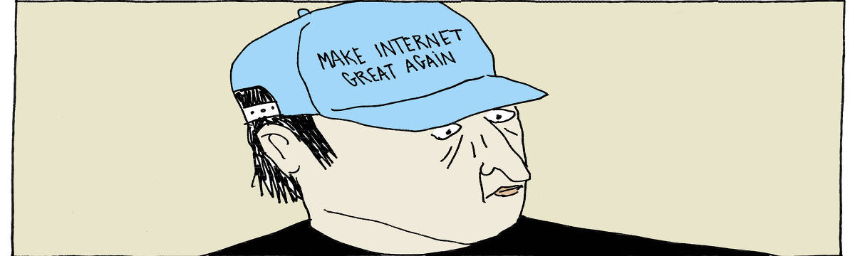 A imagem mostra um personagem com um boné azul que tem a frase 'MAKE INTERNET GREAT AGAIN' escrita na parte frontal. O personagem tem uma expressão facial neutra e cabelo escuro, com algumas mechas visíveis. Ele está usando uma camiseta preta e o fundo da imagem é de uma cor clara.