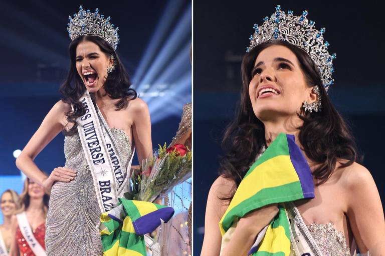 A imagem mostra uma mulher em um vestido brilhante, segurando um buquê de flores e uma bandeira do Brasil. Ela está sorrindo e parece emocionada, com uma coroa na cabeça e uma faixa que diz 'Miss Universe Brazil'. Ao fundo, outras participantes do concurso estão visíveis.