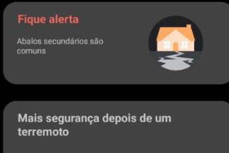 A imagem apresenta orientações sobre segurança após um terremoto. No topo， há um aviso para ficar alerta sobre abalos secundários， acompanhado de um ícone de uma casa inundada. Abaixo， são listadas três recomendações: usar sapatos antes de sair para qualquer lugar， verificar o gás e evitar construções danificadas.