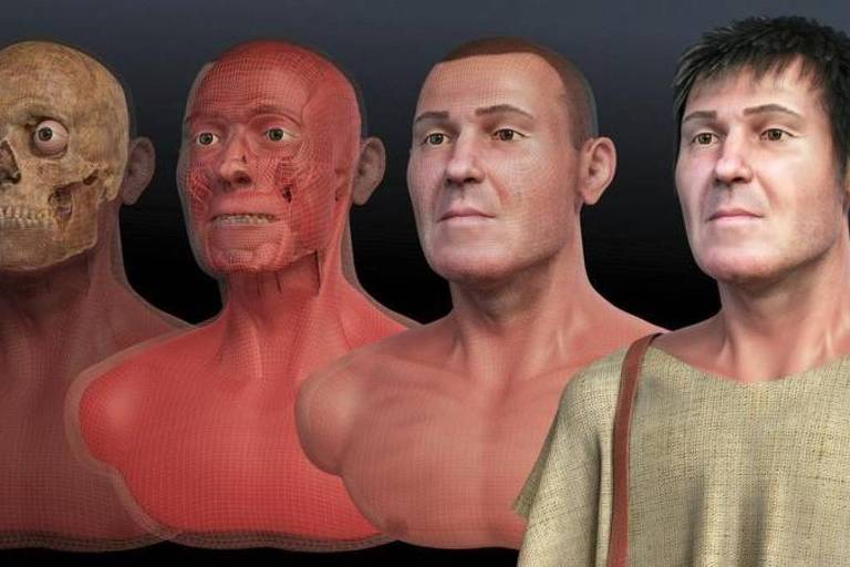 A imagem mostra quatro representações de um rosto humano em diferentes estágios de desenvolvimento. À esquerda， um crânio humano， seguido por uma representação em vermelho que destaca a musculatura facial. A terceira figura é uma representação mais realista da face， e a quarta figura apresenta um homem com características faciais mais definidas， vestindo uma túnica simples.