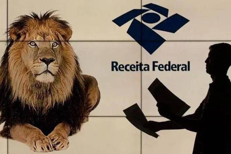 A imagem apresenta um leão em primeiro plano à esquerda， com uma expressão serena. À direita， há a silhueta de uma pessoa segurando documentos， em frente ao logotipo da Receita Federal， que é composto por um símbolo gráfico e o texto 039;Receita Federal039;. O fundo é claro， com linhas que delimitam o espaço.