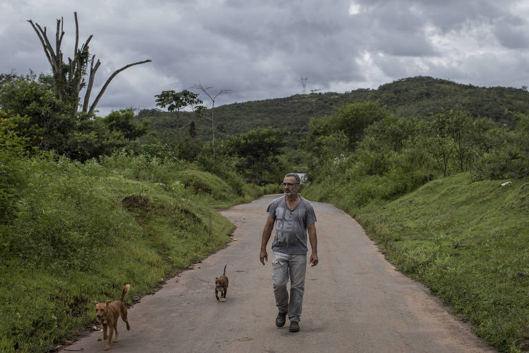 Um homem caminha por uma estrada de terra， acompanhado por dois cães. O cenário é rural， com vegetação verde ao redor e montanhas ao fundo. O céu está nublado， sugerindo um clima sombrio.