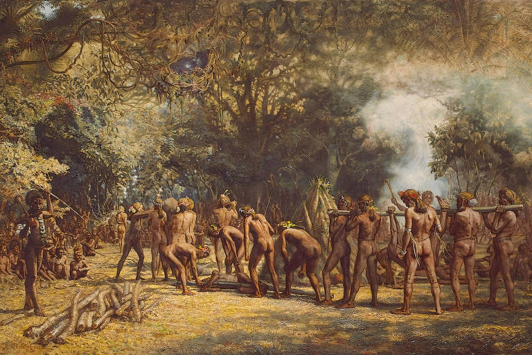 A imagem retrata um encontro tribal em uma floresta . Vários indivíduos nus estão em pé， alguns segurando armas， enquanto outros parecem estar em uma dança ou ritual. O ambiente é iluminado por uma luz suave que filtra através das árvores， e há fumaça no ar， sugerindo uma atividade intensa. Ao fundo， mais pessoas podem ser vistas， e a vegetação é rica e variada.