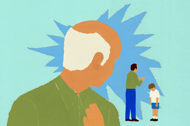 A imagem apresenta uma ilustração com um homem de cabelo grisalho visto de perfil， em primeiro plano. Ao fundo， um adulto está conversando com uma criança， que parece estar cabisbaixa. O fundo é de um tom azul claro， com formas em azul mais intenso ao redor da figura do homem. O adulto está vestido com uma camisa verde e a criança usa uma camiseta branca e shorts azuis.