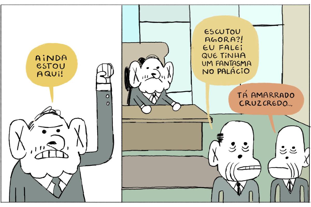 Um quadrinho com três personagens que parecem ser elefantes, todos vestidos com ternos. O personagem à esquerda está com o punho levantado e diz: 'AINDA ESTOU AQUI!'. O personagem no centro, sentado em uma mesa, responde: 'ESCUTOU AGORA?! EU FALEI QUE TINHA UM FANTASMA NO PALÁCIO'. O personagem à direita, com uma expressão confusa, diz: 'TÁ AMARRADO CRUZCREDO...'.