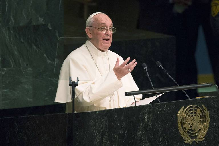 O papa Francisco faz discurso histórico sobre imigração e justiça social na sede da ONU, em Nova York