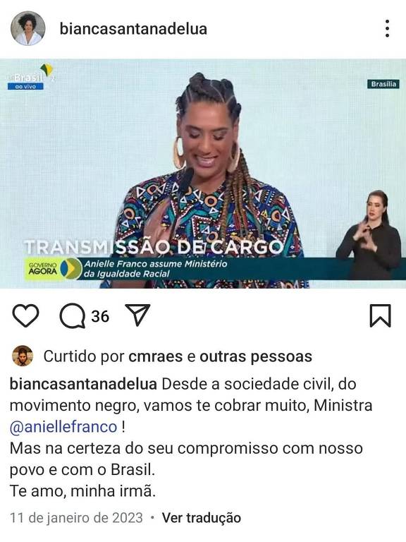 imagem mostra transmissão pela TV da posse da ministra Anielle Franco