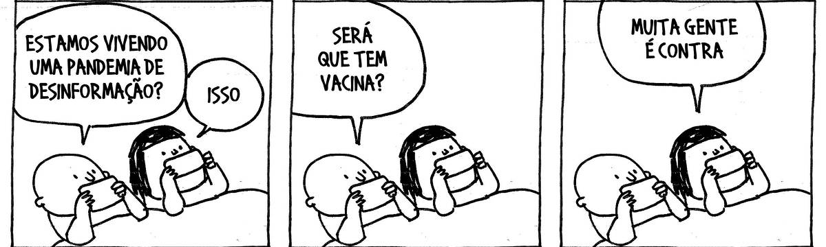 A tira de André Dahmer, publicada em 18.02.2024, tem três quadrinhos. No primeiro, duas crianças estão vendo celulares juntas. O menino pergunta para a menina: "Estamos vivendo uma pandemia de desinformação?". A menina responde: "isso". No segundo quadro, o menino faz outra pergunta: "Será que tem vacina?". No terceiro e último quadrinho, a menina responde: "Muita gente é contra".