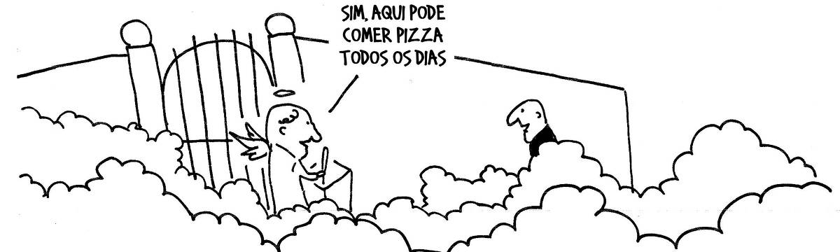 A tira de André Dahmer, publicada em 19.02.2025, tem apenas um quadro. Nele, um homem morreu e está às portas do céu. O anjo que vigia a entrada, diz: "Sim, aqui pode comer pizza todos os dias".