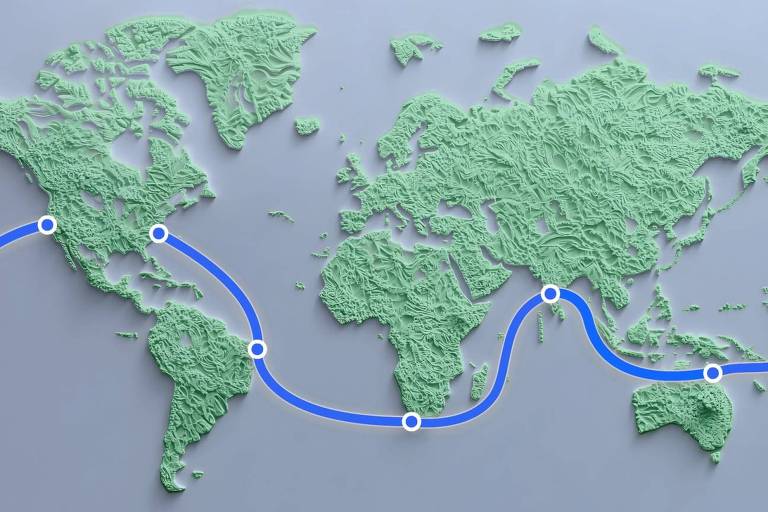 Imagem de um mapa-múndi em relevo， com continentes em verde e um caminho azul que conecta diferentes pontos ao redor do mundo. O mapa apresenta detalhes topográficos， como montanhas e vales， e é apresentado em um fundo cinza.