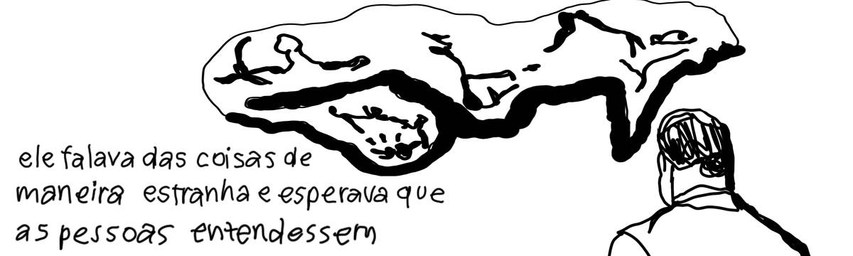 A tirinha em preto e branco de Estela May, publicada em 20/02/25, traz um homem de costas em frente de um balão de fala incompreensível. Ao lado da imagem, “ele falava das coisas de maneira estranha e esperava que as pessoas entendessem”.