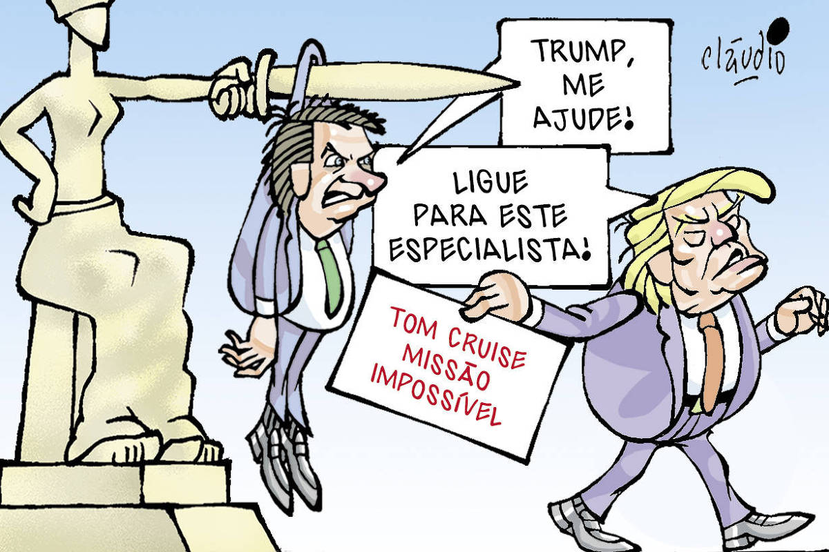 A charge mostra em primeiro plano a estátua da Justiça empunhando uma espada apontada para frente. Pendurado na espada está Jair Bolsonaro. O ex-presidente diz:  - Trump, me ajude!  Caminhando, passando pela cena, aparece o presidente dos Estados Unidos Donald Trump. Ele diz para Bolsonaro:  - Ligue para este especialista!  Trump entrega um cartão de visita com o texto “Tom Cruise -  Missão Impossível”.