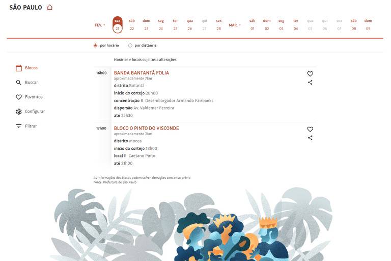 A imagem mostra uma interface de aplicativo ou site com informações sobre eventos em São Paulo. No topo， há o título 039;SÃO PAULO039; e um ícone de casa. Abaixo， estão listados dois eventos: 039;BANDA SANTANASTA FOLIA039; com data e horário， e 039;BLOCO PATRÍCIO DO VISSONDÉ039; também com data e horário. O fundo apresenta ilustrações de plantas e pessoas em um estilo gráfico colorido.