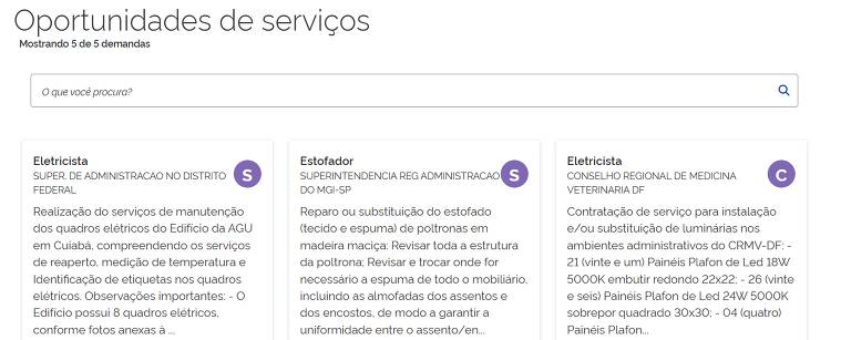 A imagem apresenta uma interface de busca com o título 039;Oportunidades de serviços039; e uma barra de pesquisa. Abaixo， são listadas três oportunidades de serviços: 1) Eletricista， com descrição sobre a supervisão de serviços de manutenção; 2) Estafador， com informações sobre a supervisão de estafados no MG-SP; 3) Eletricista， relacionado ao conselho regional de medicina veterinária. Cada oportunidade possui um botão para 039;Ver mais039;.