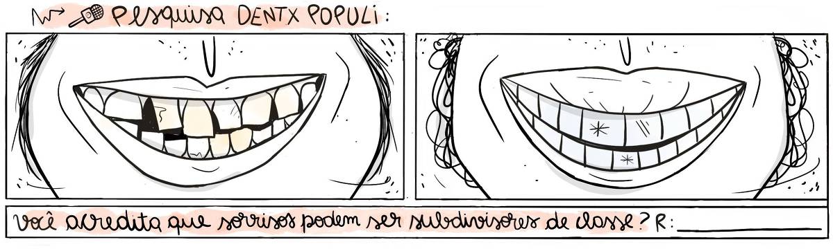 A tira Viver Dói, de Fabiane Langona publicada em 20/02/25 e intitulada “ DENTX POPULI” é composta por dois quadros horizontais, cada uma mostrando um sorriso diferente. No primeiro quadro, o sorriso mostrado tem dentes visivelmente danificados, com cáries e manchas escuras. No segundo quadro, o sorriso mostrado tem dentes brancos, alinhados e brilhantes. O titulo da tirinha parece ser parte de uma pesquisa.  No quadrinho 1, em sua base, uma legenda narrativa questionadora diz: “"Você acredita que o sorriso pode ser um subdivisor de classe?“. A legenda também conta com um “R” e um traço alongado, indicando onde deve ser escrita a resposta.