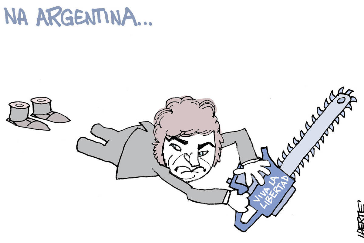 Charge de Laerte, com título: “NA ARGENTINA…” Javier Milei, munido de uma motosserra, está caído no chão, tendo decepado seus próprios pés.