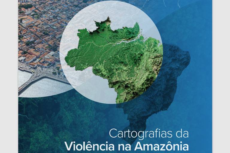 A imagem apresenta um mapa da Amazônia， destacando a região com uma tonalidade verde. No fundo， há uma representação de uma cidade e áreas florestais. O texto 039;Cartografias da Violência na Amazônia039; está escrito na parte inferior em letras brancas sobre um fundo azul.