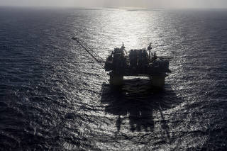 A view of Shell?s deepwater oil platform Appomattox from an approaching helicopter, off the coast of Louisiana in the Gulf of Mexico, April 11, 2024. (Erin Schaff/The New York Times)