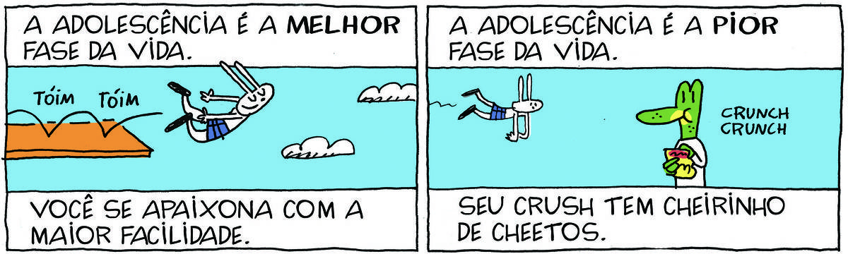 A tirinha Bicudinho, publicada em 21/02/2025, traz TATI MATISSE, uma coelhinha branca de orelhas compridas e saia azul e ROBERTINHO, um lagarto verde com camiseta branca. A tira é dividida em dois quadrinhos. No primeiro quadrinho vem o título: A adolescência é a MELHOR  fase da vida.Abaixo, Tati pula de um trampolim. Abaixo, a legenda: você se apaixona com a maior facilidade. No segundo quadrinho vem o título: a adolescência é a PIOR fase da vida.Abaixo, ela vem voando e vê Robertinho comendo um saquinho de Cheetos. Abaixo, a legenda: Seu crush tem cheirinho de Cheetos.