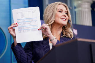 White House Press Secretary Karoline Leavitt holds a press briefing at the White House in Washington