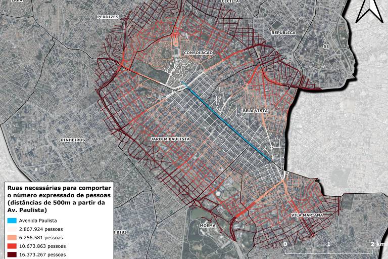 O mapa mostra as ruas necessárias para comportar o número de pessoas em diferentes distâncias a partir da Avenida Paulista， com distâncias de 500 metros. As áreas são demarcadas em vermelho e azul， indicando a quantidade de pessoas em cada região， com números específicos ao lado: 2.867.941， 6.573.861， e 16.373.267 pessoas.