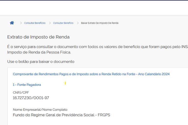 Extrato do Imposto de Renda para aposentados do INSS