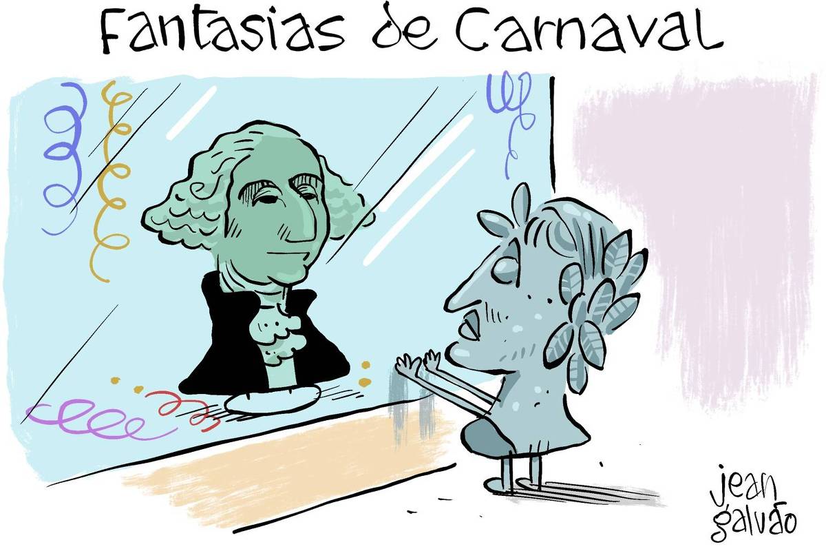  A charge de Jean Galvão publicada na Folha tem o título “Fantasias de Carnaval”. Na cena aparece a efígie que representa o Real do lado de fora de uma vitrine olhando para a fantasia de George Washington, representando o Dólar.