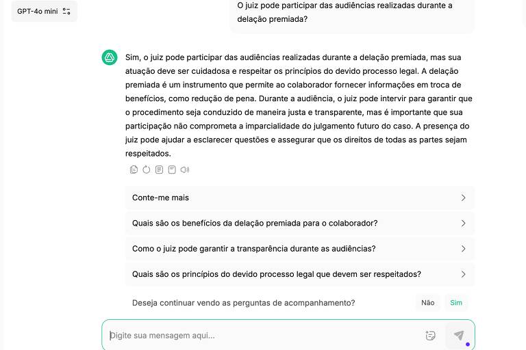 A imagem mostra uma interface de chat com perguntas e respostas sobre a participação de juízes em audiências durante a deliberação. Há uma pergunta destacada sobre a possibilidade de participação do juiz， seguida de respostas e opções de acompanhamento. O layout inclui um menu lateral com opções de ajuda e participação em debates