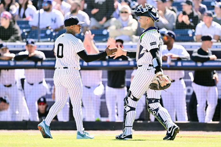 Dois jogadores de beisebol estão se cumprimentando em um campo. Um deles está vestindo uma camisa branca com listras pretas e calças brancas listradas， enquanto o outro usa uma roupa de catcher， também com listras. Ao fundo， há uma plateia assistindo ao jogo.