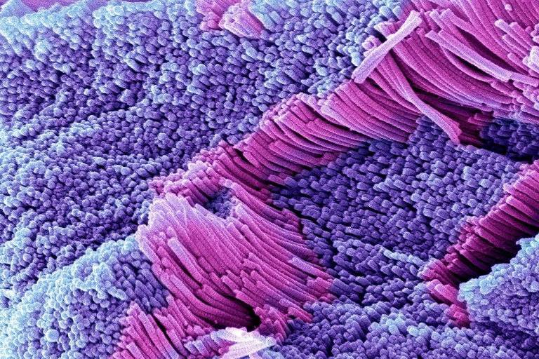 A imagem mostra uma estrutura microscópica com uma superfície texturizada, apresentando uma combinação de cores roxa e lilás. A superfície é composta por formações que se assemelham a fibras ou picos, criando um padrão complexo e detalhado.