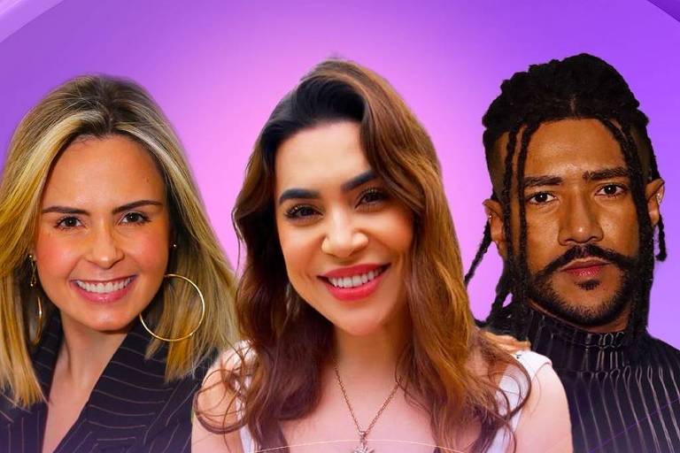 A imagem apresenta três pessoas em um fundo roxo. À esquerda, uma mulher com cabelo loiro e liso, ao centro, uma mulher com cabelo castanho e ondulado, e à direita, um homem com cabelo trançado. 