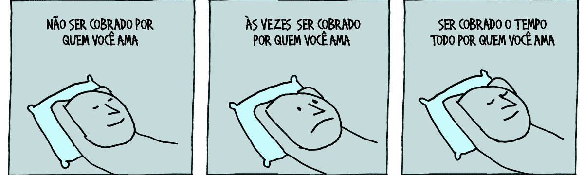 A tira de André Dahmer, publicada em 25.02.2024, tem três quadrinhos. No primeiro, um homem repousa tranquilamente deitado em um travesseiro. A legenda diz: "Não ser cobrado por quem você ama". No segundo quadrinho, o mesmo homem está deitado com a cabeça em um travesseiro. Ele tem a expressão tristonha. A legenda diz: "Às vezes ser cobrado por quem você ama". No terceiro e último quadrinho, o mesmo homem tem novamente a expressão tranquila. A legenda diz: "Ser cobrado o tempo todo por quem você ama".