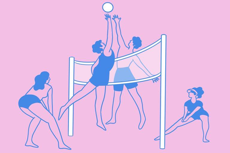 A imagem apresenta uma ilustração em estilo minimalista de cinco pessoas jogando vôlei. O fundo é rosa e as figuras são desenhadas em azul. Duas pessoas estão saltando para alcançar uma bola acima da rede， enquanto outras três estão posicionadas em diferentes partes da quadra， uma delas se preparando para receber a bola.