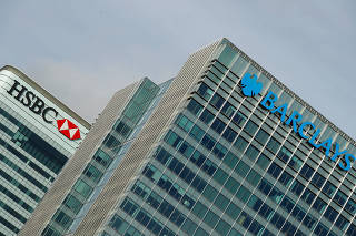 FILE PHOTO: Barclays and HSBC buildings in London, Britain