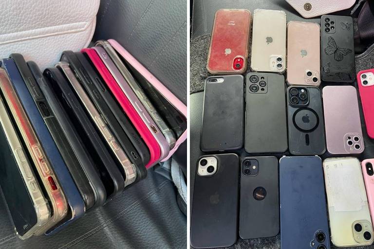 A imagem mostra aparelhos de celular de diferentes cores organizados lado a lado em cima de uma mesa 