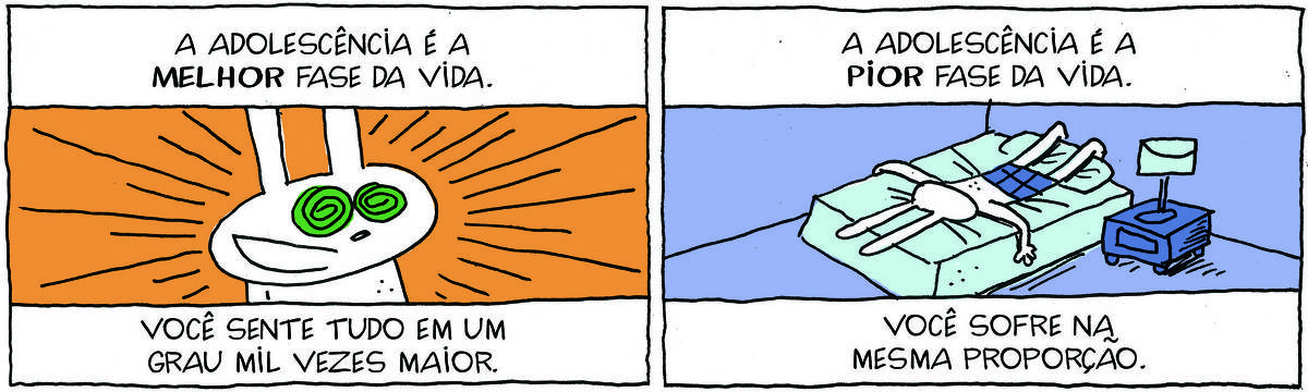 A tirinha Bicudinho, publicada em 25/02/2025, traz TATI MATISSE, uma coelhinha branca de orelhas compridas e saia azul. No primeiro quadrinho vem o título: A adolescência é a MELHOR fase da vida. Abaixo, Tati está em êxtase, com os olhos vidrados. Abaixo, a legenda: você sente tudo em um grau mil vezes maior. No segundo quadrinho vem o título: a adolescência é a PIOR fase da vida.Abaixo, ela está de bruços, afundada em uma cama. Abaixo, a legenda: Você sofre na mesma proporção.